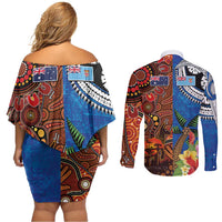 Fiji and Australia Together Couples Matching Off Shoulder Short Dress and Long Sleeve Button Shirt Fijian Tapa Plants with Kangaroo and Aboriginal - Polynesian Pride