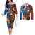 Fiji and Australia Together Couples Matching Off The Shoulder Long Sleeve Dress and Long Sleeve Button Shirt Fijian Tapa Plants with Kangaroo and Aboriginal - Polynesian Pride