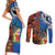 Fiji and Australia Together Couples Matching Short Sleeve Bodycon Dress and Long Sleeve Button Shirt Fijian Tapa Plants with Kangaroo and Aboriginal - Polynesian Pride