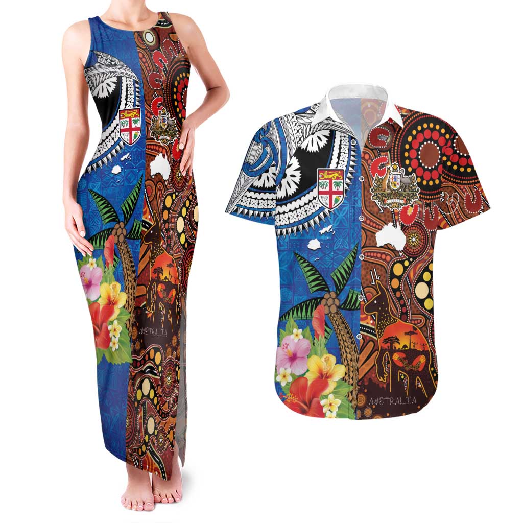 Fiji and Australia Together Couples Matching Tank Maxi Dress and Hawaiian Shirt Fijian Tapa Plants with Kangaroo and Aboriginal - Polynesian Pride