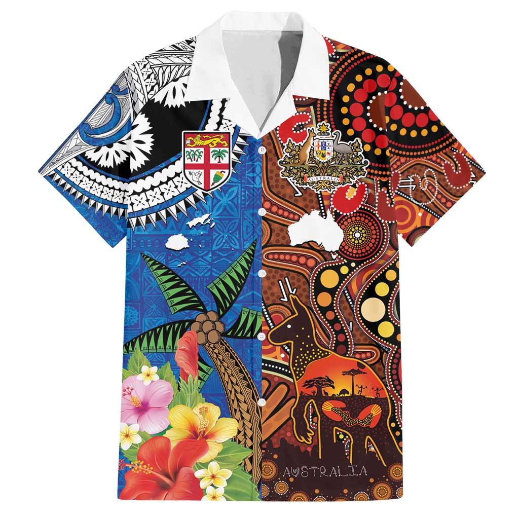 Fiji and Australia Together Family Matching Long Sleeve Bodycon Dress and Hawaiian Shirt Fijian Tapa Plants with Kangaroo and Aboriginal - Polynesian Pride