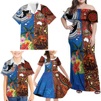 Fiji and Australia Together Family Matching Off Shoulder Maxi Dress and Hawaiian Shirt Fijian Tapa Plants with Kangaroo and Aboriginal - Polynesian Pride