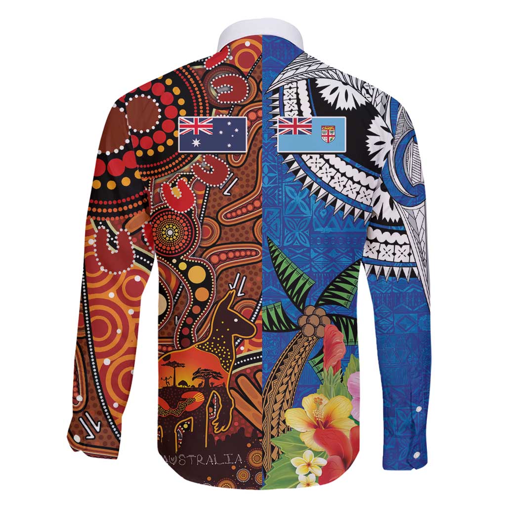 Fiji and Australia Together Family Matching Off Shoulder Maxi Dress and Hawaiian Shirt Fijian Tapa Plants with Kangaroo and Aboriginal - Polynesian Pride