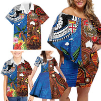 Fiji and Australia Together Family Matching Off Shoulder Short Dress and Hawaiian Shirt Fijian Tapa Plants with Kangaroo and Aboriginal - Polynesian Pride