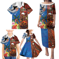 Fiji and Australia Together Family Matching Puletasi and Hawaiian Shirt Fijian Tapa Plants with Kangaroo and Aboriginal - Polynesian Pride