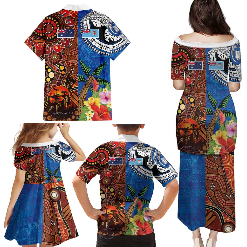 Fiji and Australia Together Family Matching Puletasi and Hawaiian Shirt Fijian Tapa Plants with Kangaroo and Aboriginal - Polynesian Pride