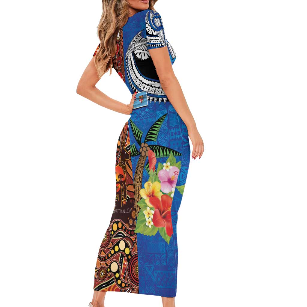 Fiji and Australia Together Family Matching Short Sleeve Bodycon Dress and Hawaiian Shirt Fijian Tapa Plants with Kangaroo and Aboriginal - Polynesian Pride