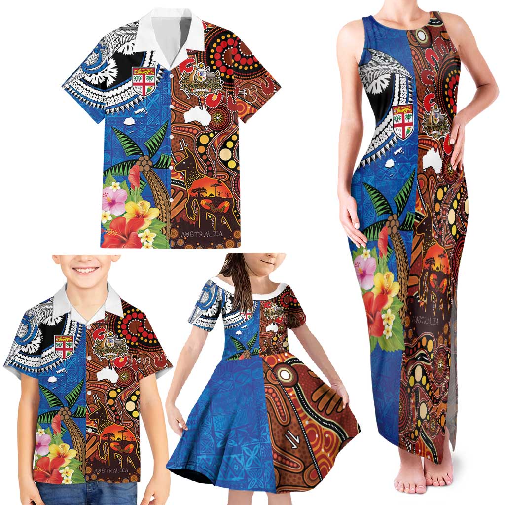 Fiji and Australia Together Family Matching Tank Maxi Dress and Hawaiian Shirt Fijian Tapa Plants with Kangaroo and Aboriginal - Polynesian Pride