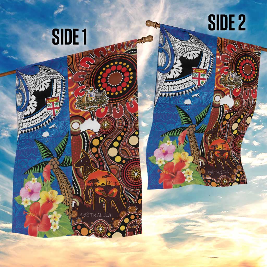 Fiji and Australia Together Garden Flag Fijian Tapa Plants with Kangaroo and Aboriginal - Polynesian Pride
