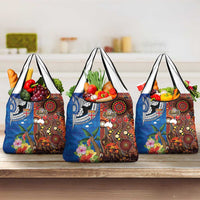 Fiji and Australia Together Grocery Bag Fijian Tapa Plants with Kangaroo and Aboriginal - Polynesian Pride