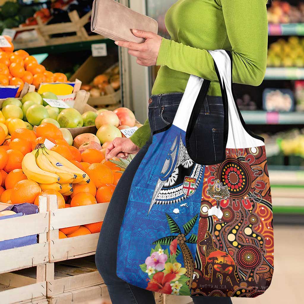 Fiji and Australia Together Grocery Bag Fijian Tapa Plants with Kangaroo and Aboriginal - Polynesian Pride