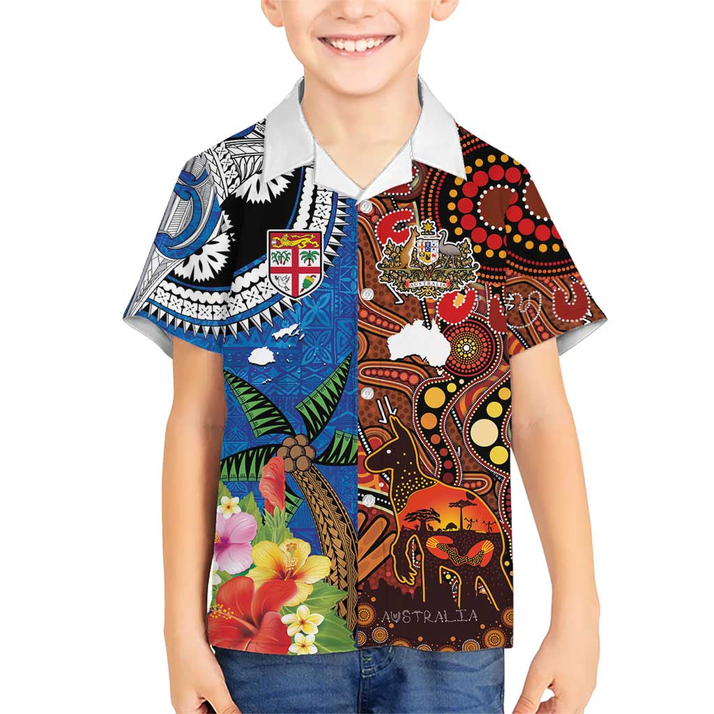 Fiji and Australia Together Kid Hawaiian Shirt Fijian Tapa Plants with Kangaroo and Aboriginal - Polynesian Pride