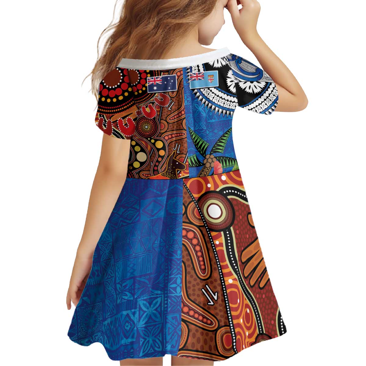 Fiji and Australia Together Kid Short Sleeve Dress Fijian Tapa Plants with Kangaroo and Aboriginal - Polynesian Pride