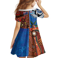 Fiji and Australia Together Kid Short Sleeve Dress Fijian Tapa Plants with Kangaroo and Aboriginal - Polynesian Pride