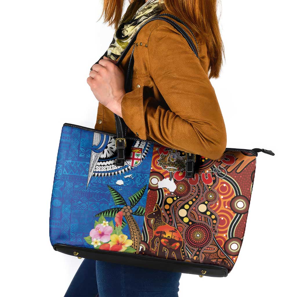 Fiji and Australia Together Leather Tote Bag Fijian Tapa Plants with Kangaroo and Aboriginal LT03 Black - Polynesian Pride