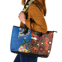 Fiji and Australia Together Leather Tote Bag Fijian Tapa Plants with Kangaroo and Aboriginal LT03 Black - Polynesian Pride
