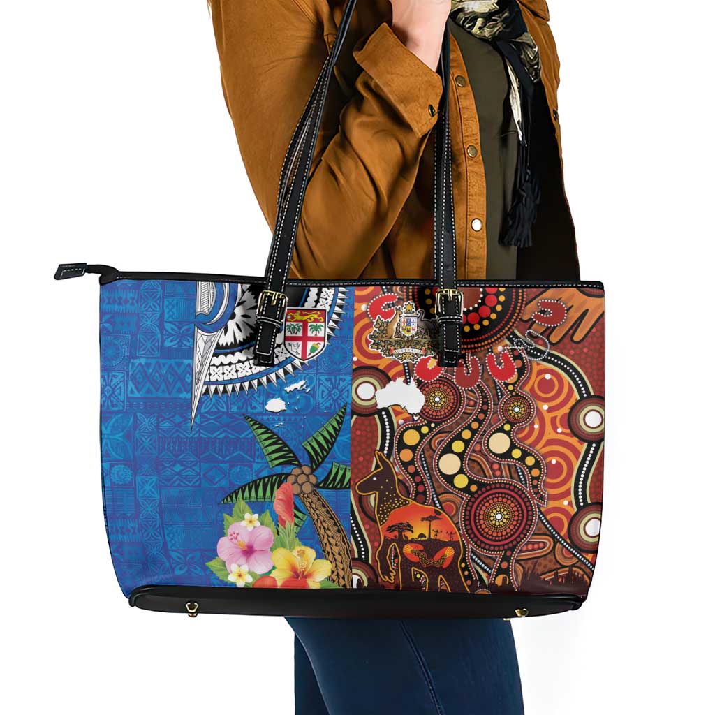 Fiji and Australia Together Leather Tote Bag Fijian Tapa Plants with Kangaroo and Aboriginal LT03 - Polynesian Pride