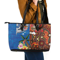 Fiji and Australia Together Leather Tote Bag Fijian Tapa Plants with Kangaroo and Aboriginal LT03 - Polynesian Pride
