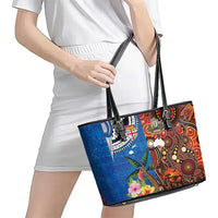 Fiji and Australia Together Leather Tote Bag Fijian Tapa Plants with Kangaroo and Aboriginal LT03 - Polynesian Pride