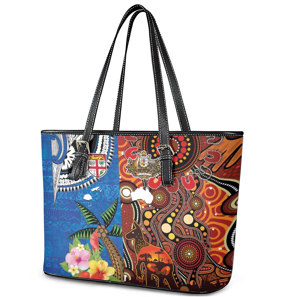 Fiji and Australia Together Leather Tote Bag Fijian Tapa Plants with Kangaroo and Aboriginal LT03 - Polynesian Pride