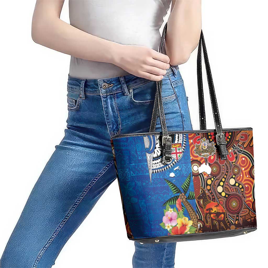 Fiji and Australia Together Leather Tote Bag Fijian Tapa Plants with Kangaroo and Aboriginal LT03 - Polynesian Pride