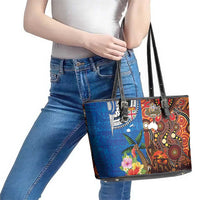 Fiji and Australia Together Leather Tote Bag Fijian Tapa Plants with Kangaroo and Aboriginal LT03 - Polynesian Pride