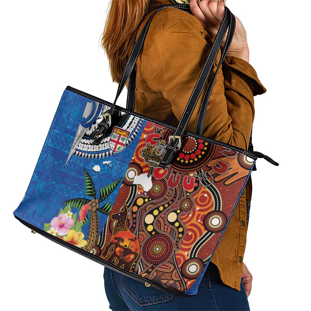 Fiji and Australia Together Leather Tote Bag Fijian Tapa Plants with Kangaroo and Aboriginal LT03 - Polynesian Pride