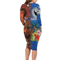 Fiji and Australia Together Long Sleeve Bodycon Dress Fijian Tapa Plants with Kangaroo and Aboriginal - Polynesian Pride