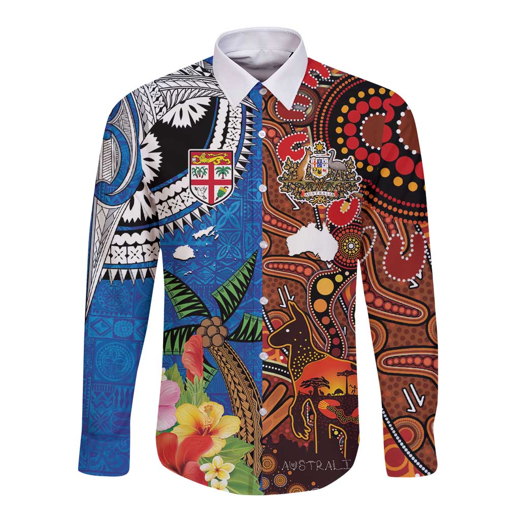 Fiji and Australia Together Long Sleeve Button Shirt Fijian Tapa Plants with Kangaroo and Aboriginal - Polynesian Pride