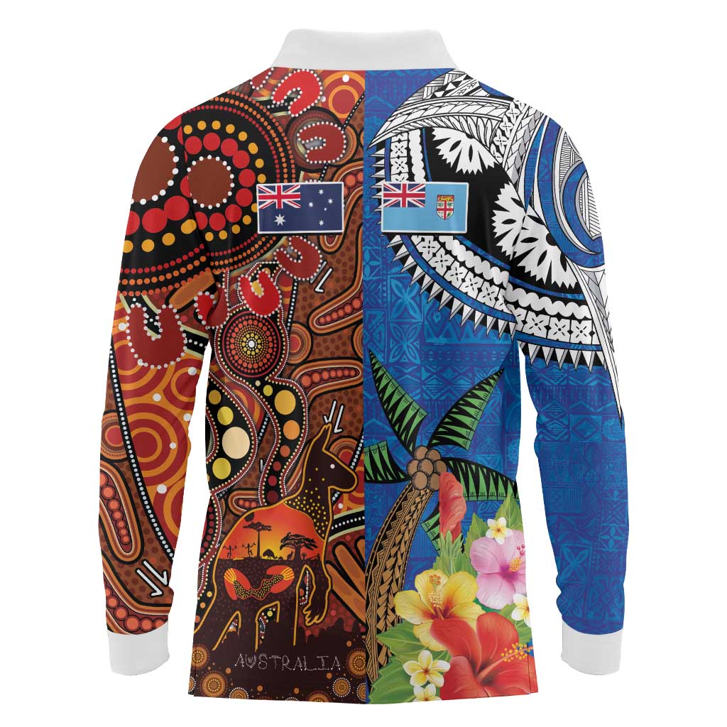 Fiji and Australia Together Long Sleeve Polo Shirt Fijian Tapa Plants with Kangaroo and Aboriginal - Polynesian Pride