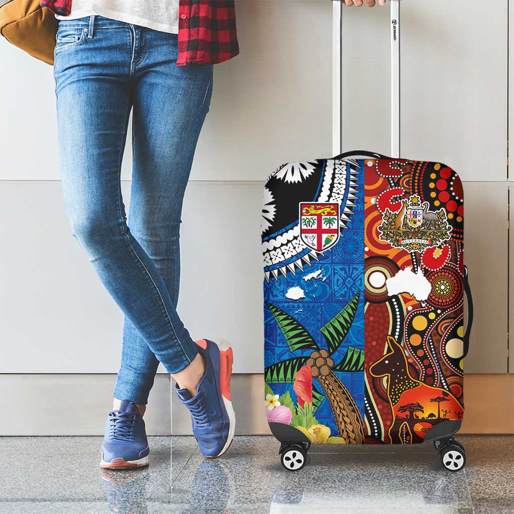 Fiji and Australia Together Luggage Cover Fijian Tapa Plants with Kangaroo and Aboriginal - Polynesian Pride