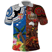 Fiji and Australia Together Polo Shirt Fijian Tapa Plants with Kangaroo and Aboriginal - Polynesian Pride