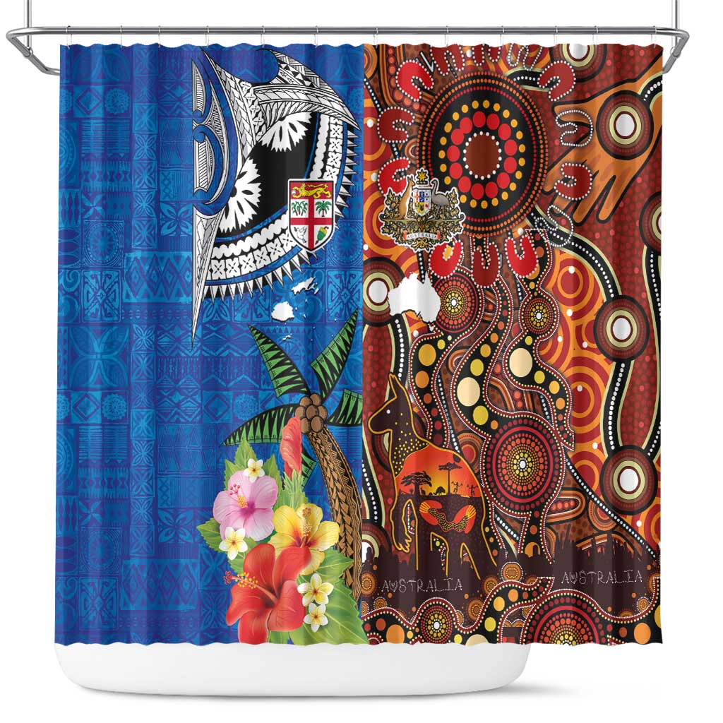 Fiji and Australia Together Shower Curtain Fijian Tapa Plants with Kangaroo and Aboriginal LT03 Black - Polynesian Pride