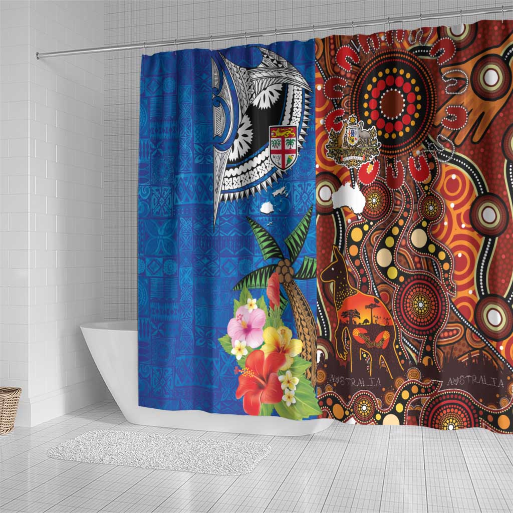 Fiji and Australia Together Shower Curtain Fijian Tapa Plants with Kangaroo and Aboriginal - Polynesian Pride