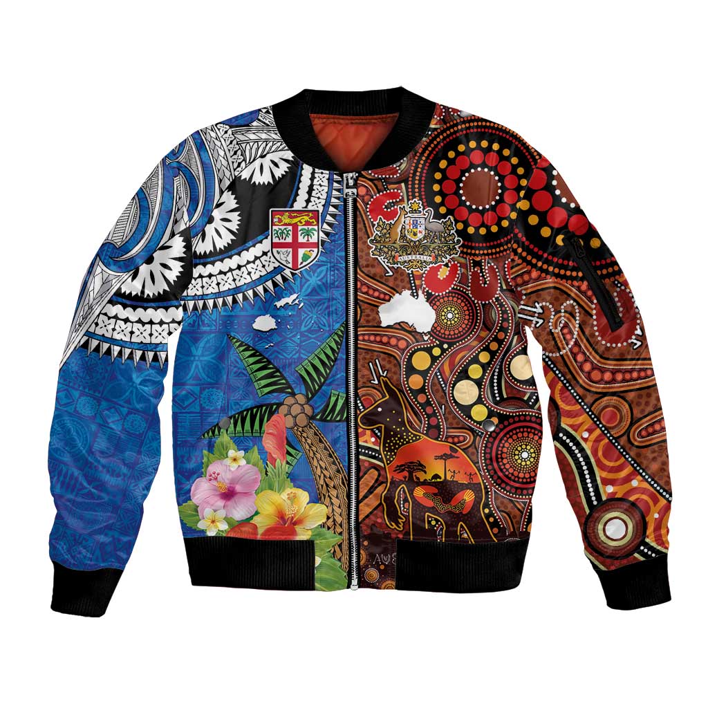 Fiji and Australia Together Sleeve Zip Bomber Jacket Fijian Tapa Plants with Kangaroo and Aboriginal LT03 Unisex Black - Polynesian Pride