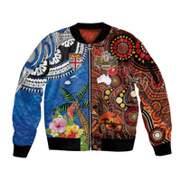 Fiji and Australia Together Sleeve Zip Bomber Jacket Fijian Tapa Plants with Kangaroo and Aboriginal LT03 Unisex Black - Polynesian Pride