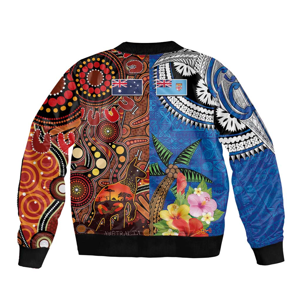 Fiji and Australia Together Sleeve Zip Bomber Jacket Fijian Tapa Plants with Kangaroo and Aboriginal LT03 - Polynesian Pride