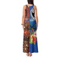 Fiji and Australia Together Tank Maxi Dress Fijian Tapa Plants with Kangaroo and Aboriginal - Polynesian Pride