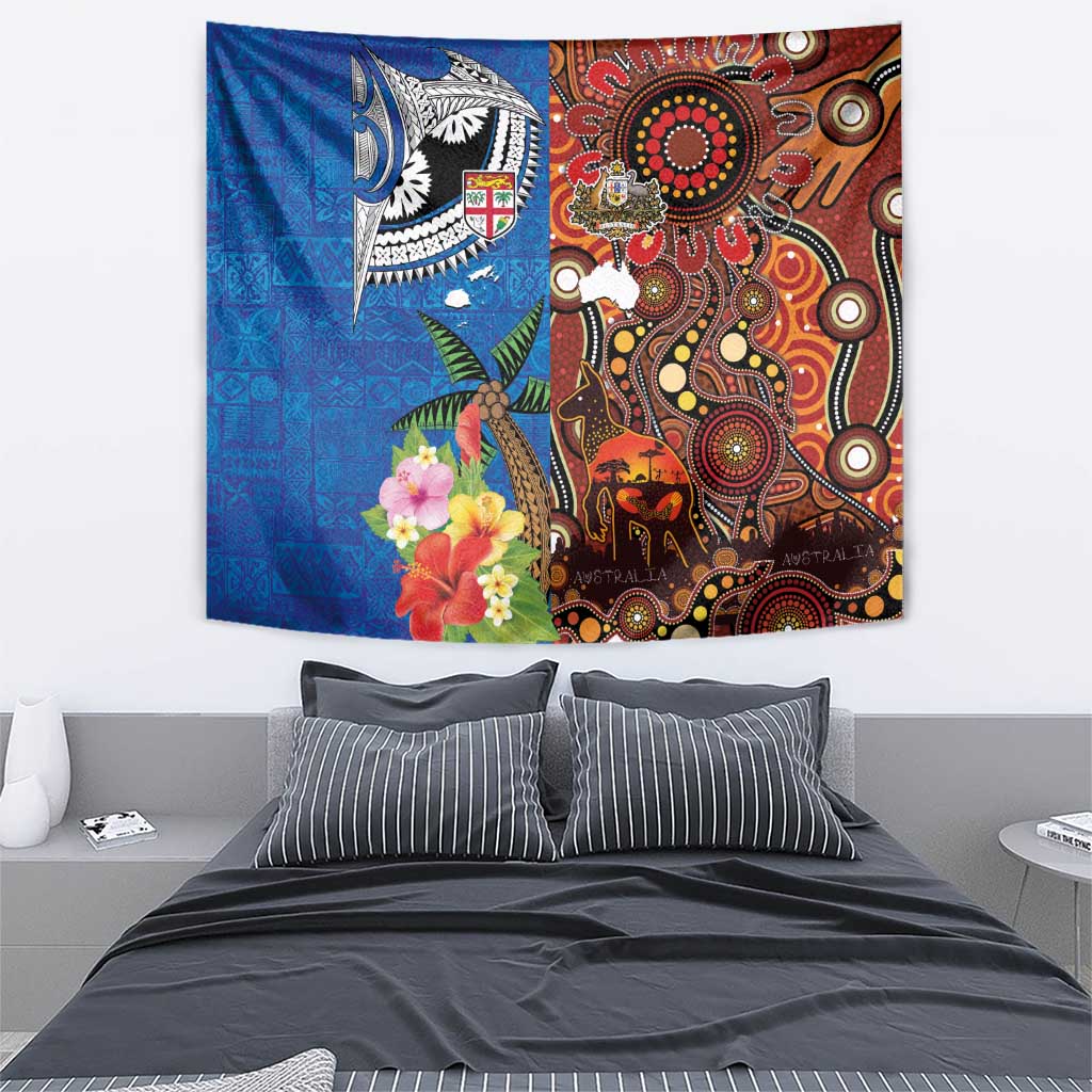 Fiji and Australia Together Tapestry Fijian Tapa Plants with Kangaroo and Aboriginal - Polynesian Pride