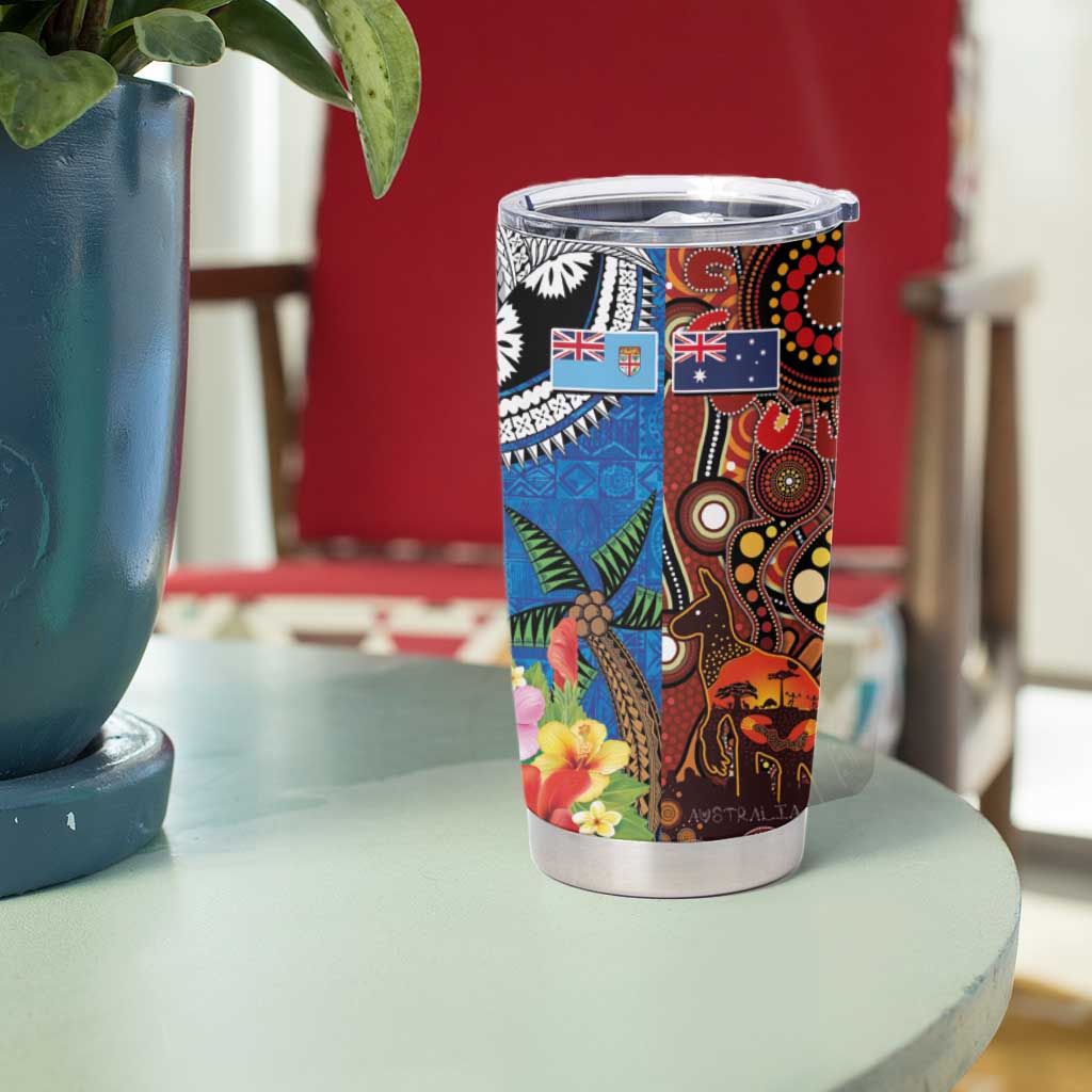 Fiji and Australia Together Tumbler Cup Fijian Tapa Plants with Kangaroo and Aboriginal - Polynesian Pride