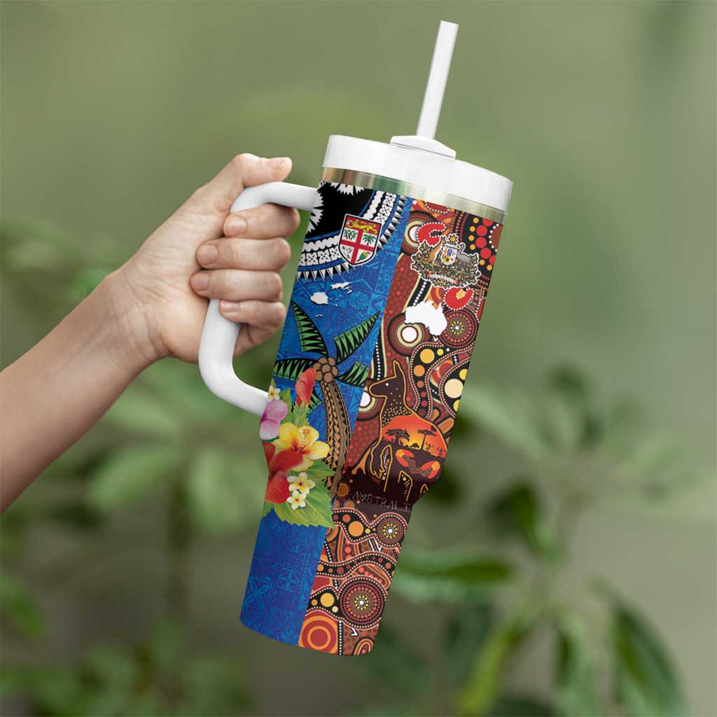 Fiji and Australia Together Tumbler With Handle Fijian Tapa Plants with Kangaroo and Aboriginal - Polynesian Pride