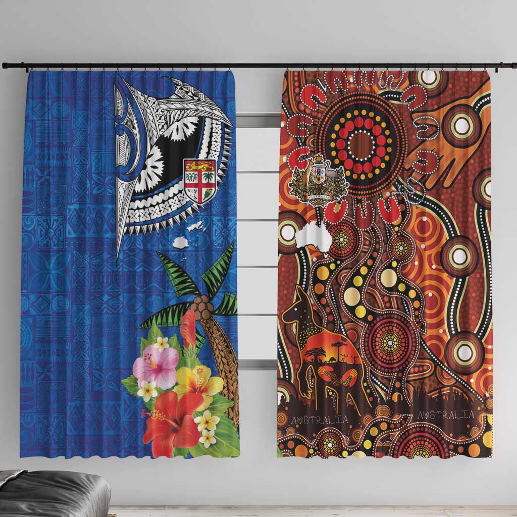 Fiji and Australia Together Window Curtain Fijian Tapa Plants with Kangaroo and Aboriginal - Polynesian Pride