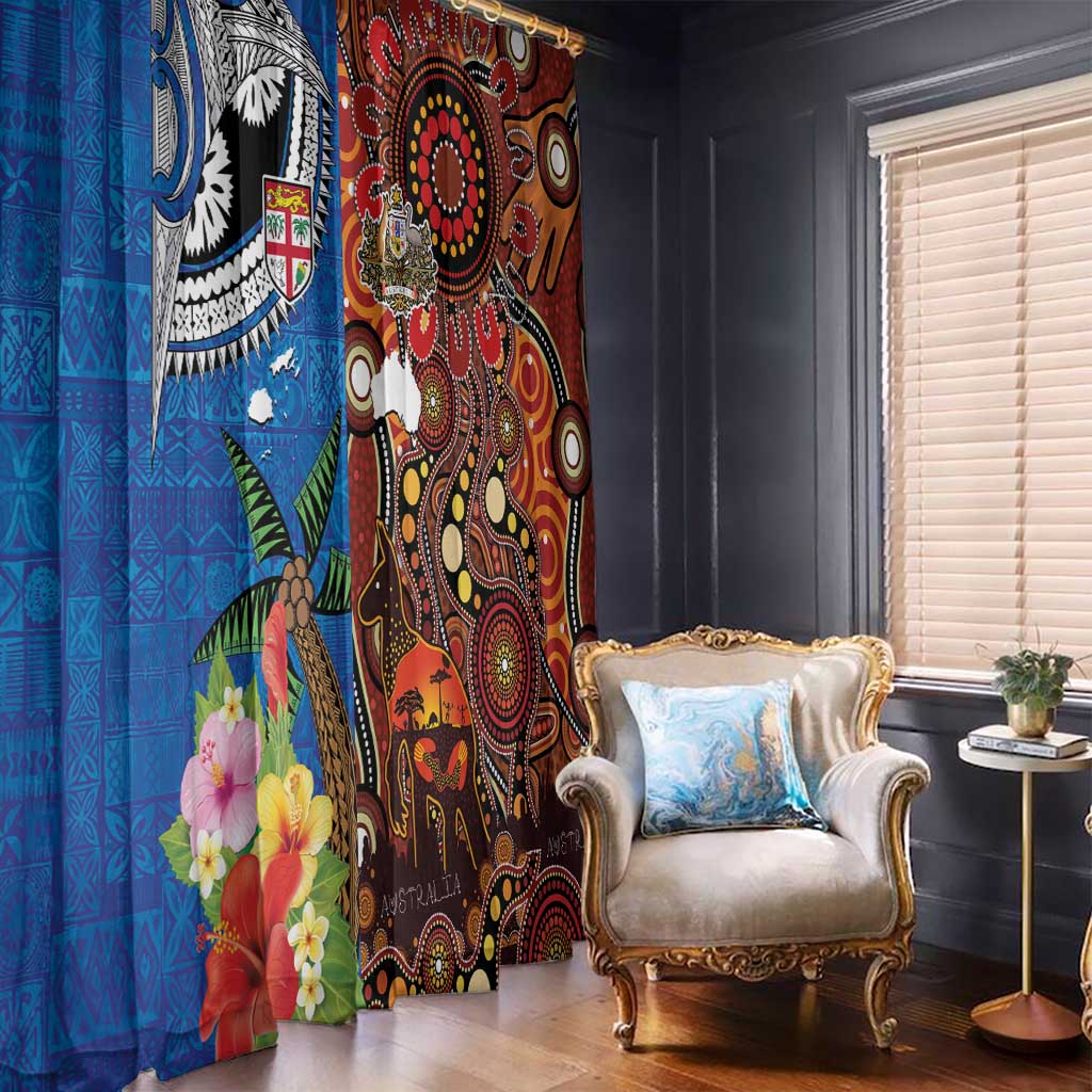 Fiji and Australia Together Window Curtain Fijian Tapa Plants with Kangaroo and Aboriginal - Polynesian Pride