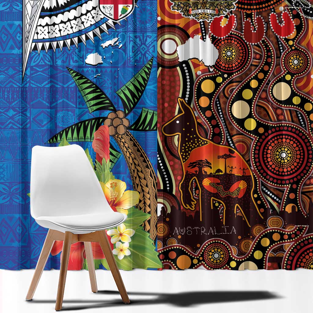 Fiji and Australia Together Window Curtain Fijian Tapa Plants with Kangaroo and Aboriginal - Polynesian Pride