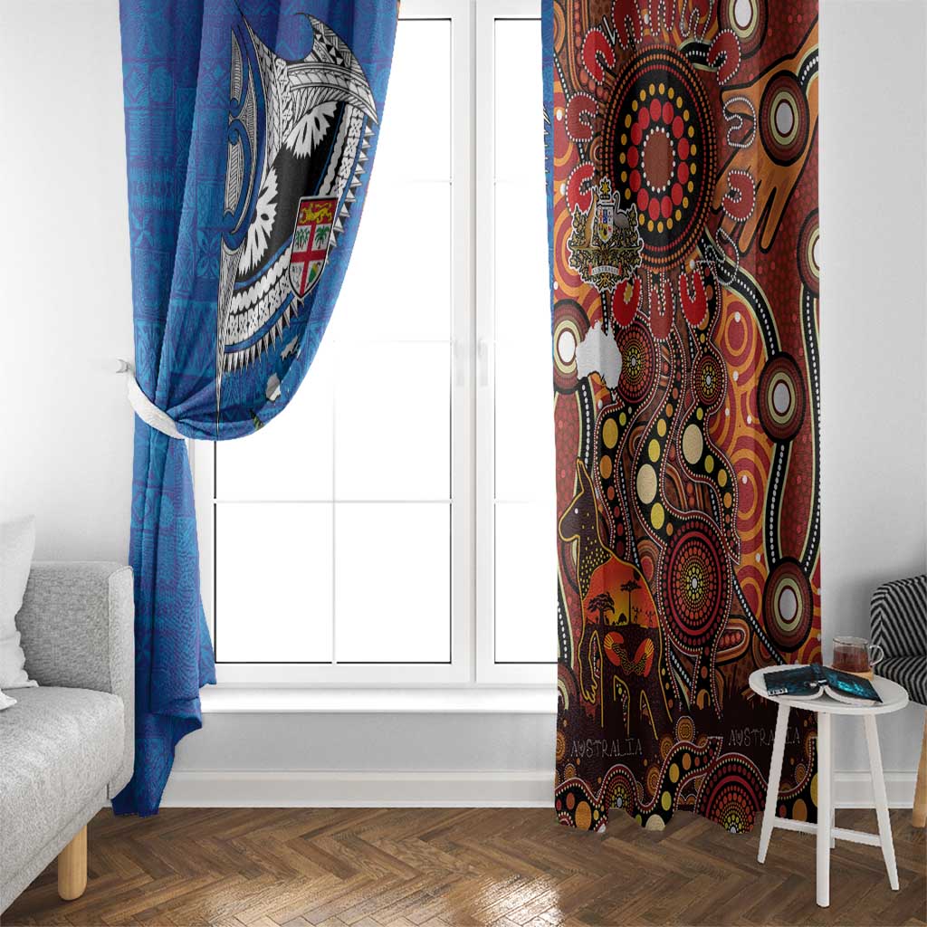 Fiji and Australia Together Window Curtain Fijian Tapa Plants with Kangaroo and Aboriginal - Polynesian Pride