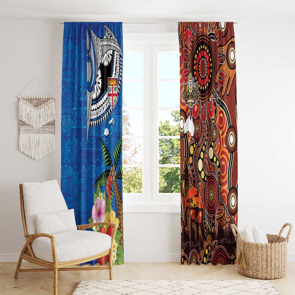 Fiji and Australia Together Window Curtain Fijian Tapa Plants with Kangaroo and Aboriginal - Polynesian Pride