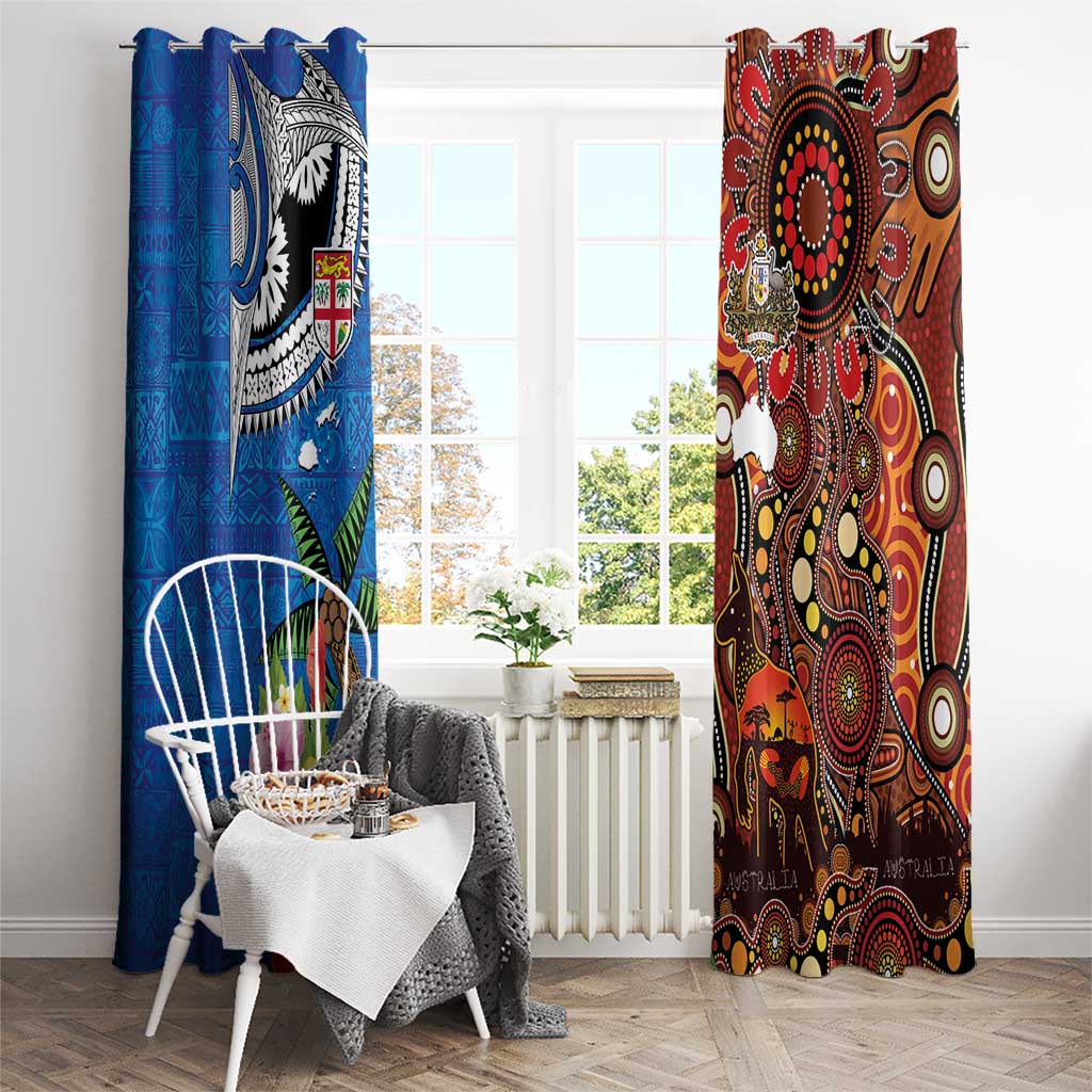 Fiji and Australia Together Window Curtain Fijian Tapa Plants with Kangaroo and Aboriginal - Polynesian Pride