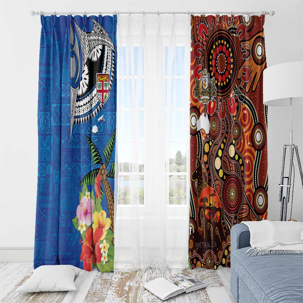 Fiji and Australia Together Window Curtain Fijian Tapa Plants with Kangaroo and Aboriginal - Polynesian Pride