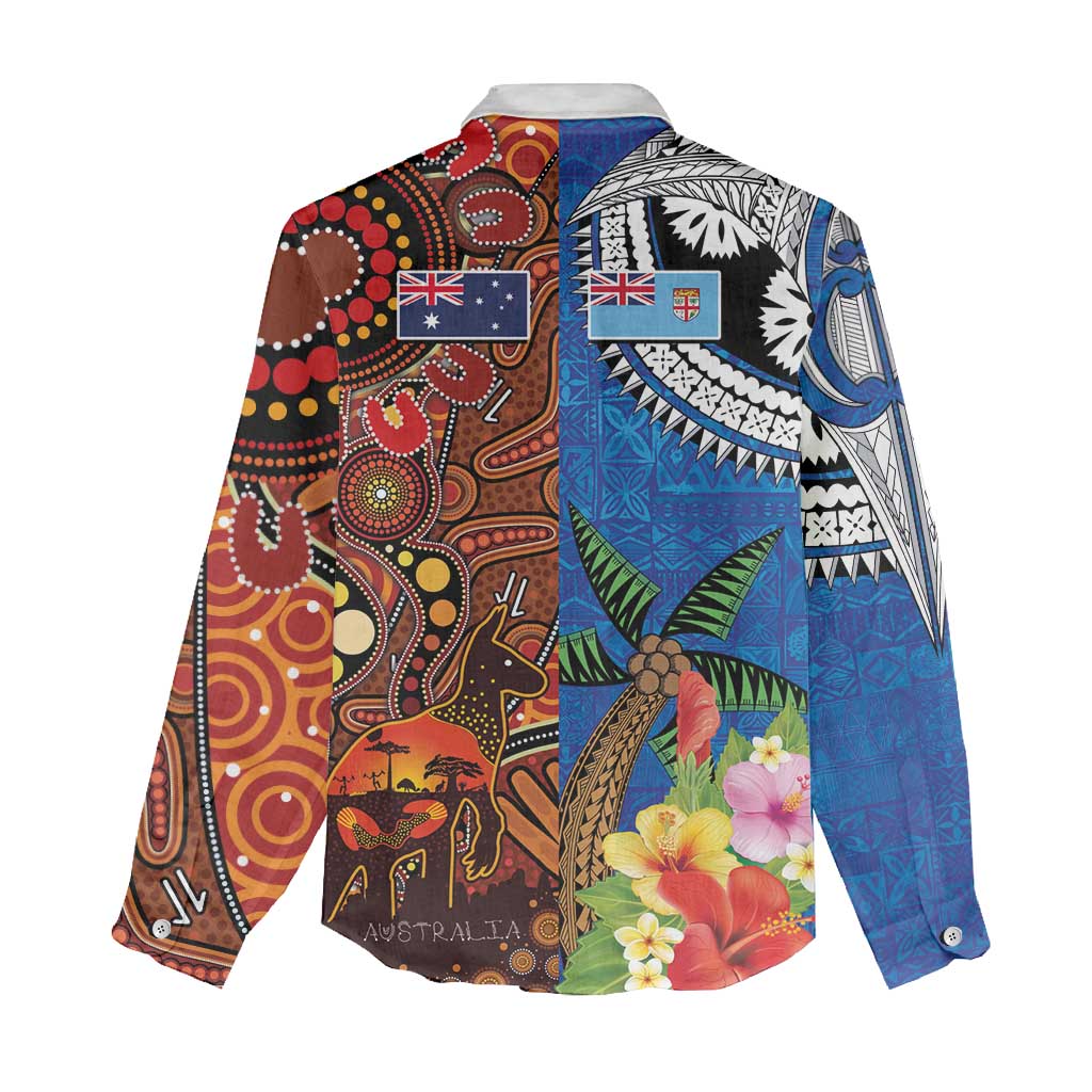 Fiji and Australia Together Women Casual Shirt Fijian Tapa Plants with Kangaroo and Aboriginal - Polynesian Pride