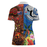 Fiji and Australia Together Women Polo Shirt Fijian Tapa Plants with Kangaroo and Aboriginal - Polynesian Pride